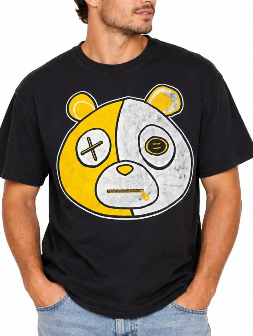 Imaginary Brand Panda Bear Graphic T Shirt Mens 2XL Black Yellow Streetwear Tee